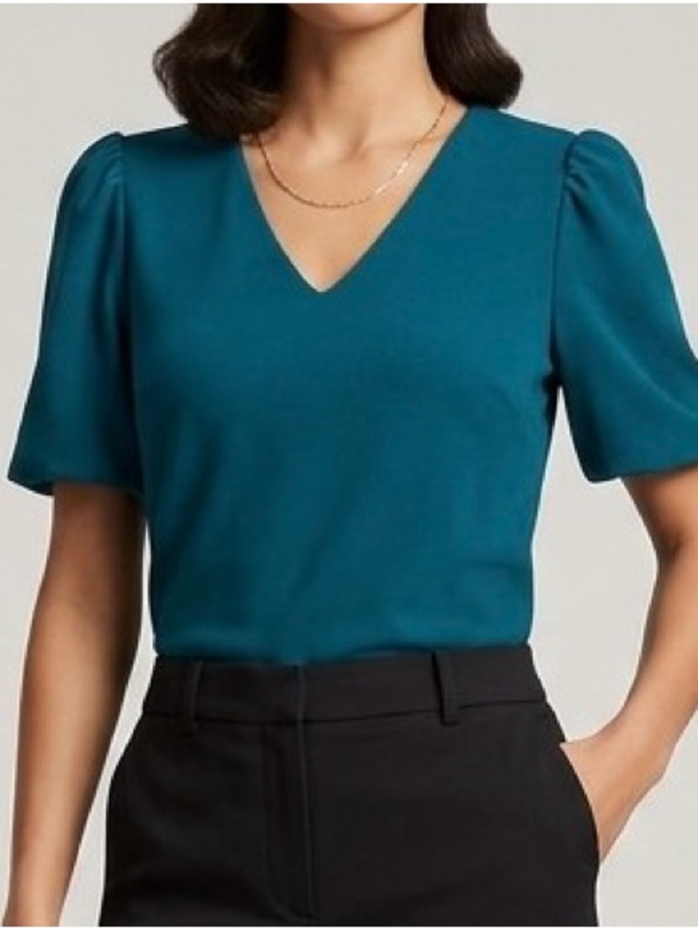 Ann Taylor Teal Puff Sleeve V-Neck Top XS Turquoise